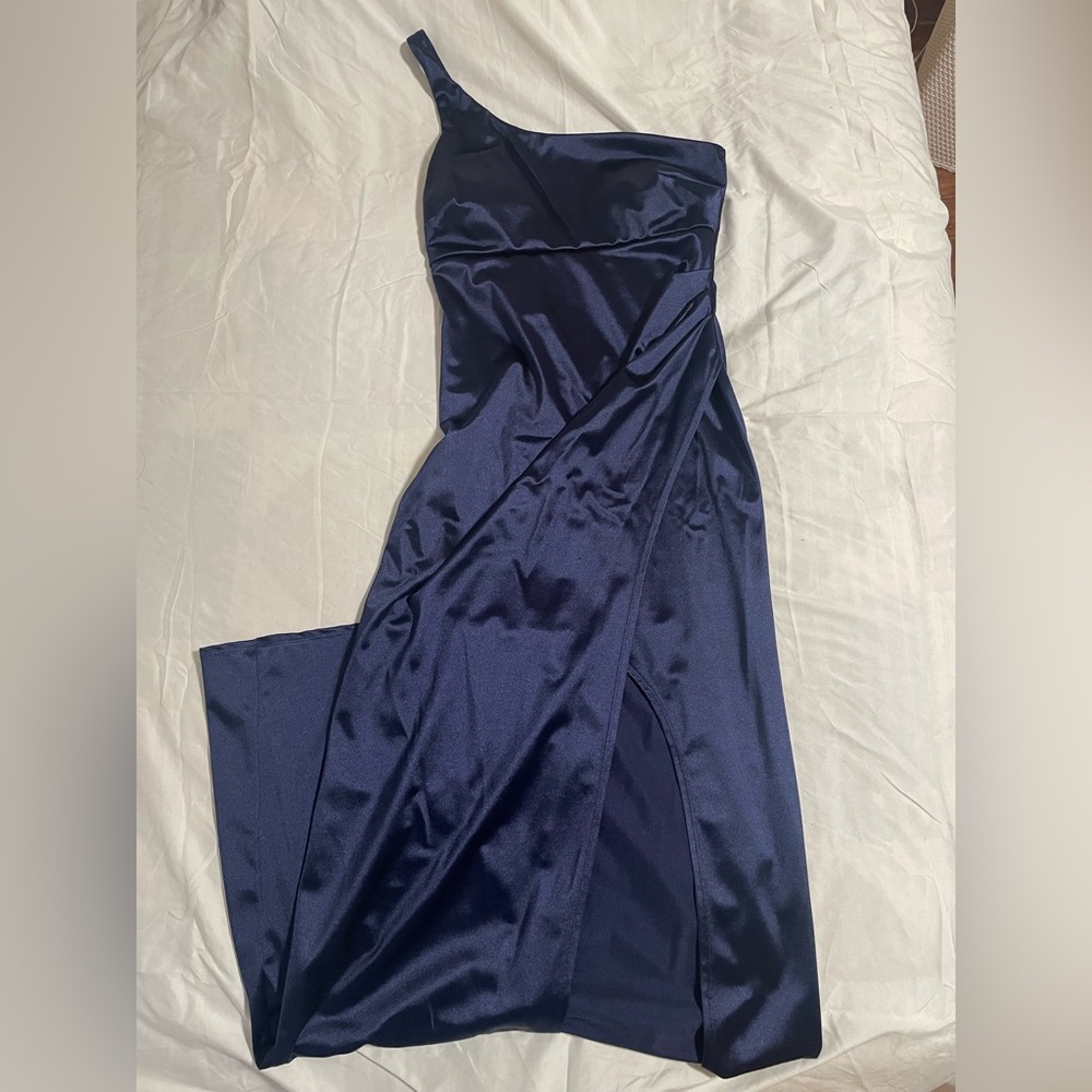 dark blue slick silk prom dress with slit